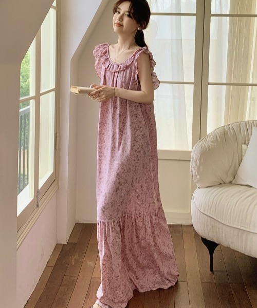花柄&フリル装飾 ロング キャミソールワンピース★可愛い お洒落 gossip!ロサンゼルス ワンピース レトロガーリー花柄フリル