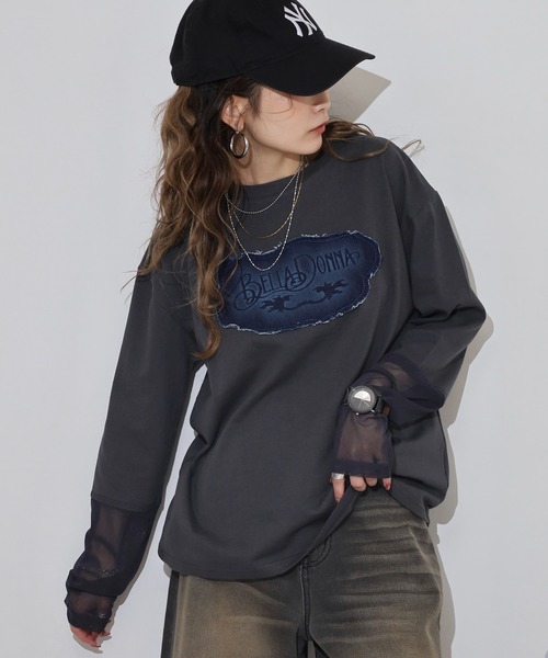 tシャツ A.N.L チュール袖デニムパッチ長袖Tシャツ レディース