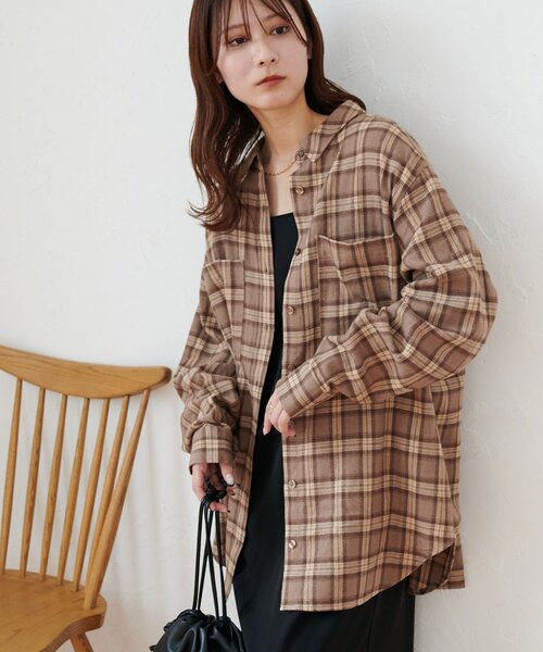 起毛チェックシャツ　ブラウン　L Discoat（ディスコート） ブラウス シャツ 「WEB限定」起毛チェック