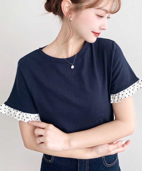 moment+ tシャツ 半袖 配色ドット袖口フリル半袖Tシャツ レディース