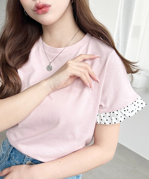 moment+ tシャツ 配色ドット袖口フリル半袖Tシャツ レディース