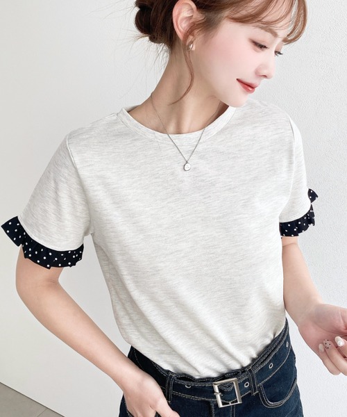 moment+ tシャツ 配色ドット袖口フリル半袖Tシャツ レディース
