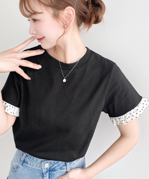 moment+ tシャツ 半袖 配色ドット袖口フリル半袖Tシャツ レディース