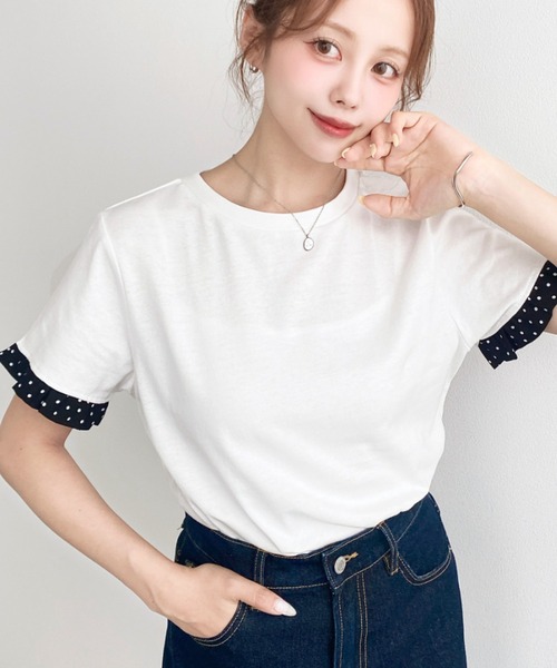 moment+ tシャツ 半袖 配色ドット袖口フリル半袖Tシャツ レディース