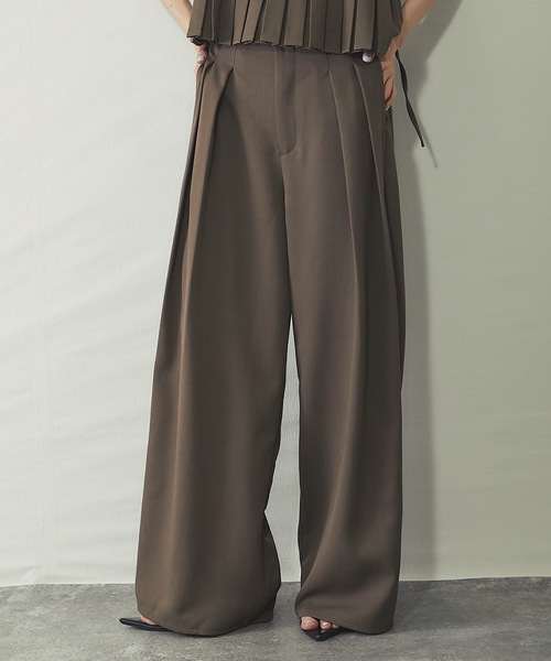 ワイドパンツ パンツ セットアップ可クレープデシンツータックワイド