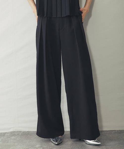 ワイドパンツ パンツ セットアップ可クレープデシンツータックワイド