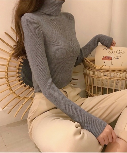 ニット セーター 8色展開 細リブタートルネックニット