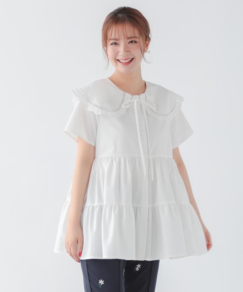 ブラウス シャツ ハシゴスカラップ襟ティアードブラウス レディース Fit more ブラウス シャツ ハシゴスカラップ襟ティアード