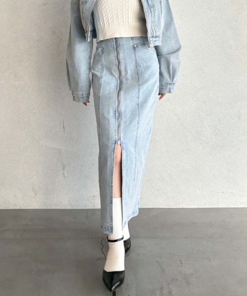 新品 ストレッチデニムタイトスカート ストレッチデニムFzipタイトスカート／(S BLUE): スカート