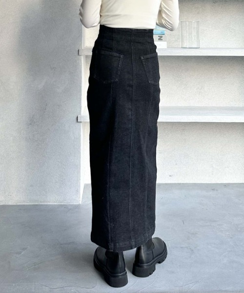 デニムストレッチスカート ストレッチデニムFzipタイトスカート／(S BLUE): スカート