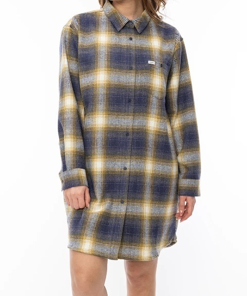 ブラウス シャツ RVCA レディース TWILL CHECK DRESS 長袖シャツ/ルーカ胸ポケットチェック柄ロング丈長袖シャツ レディース