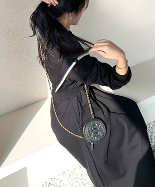 ECLIN ワンピース 配色パイピングショルフリルスウェット