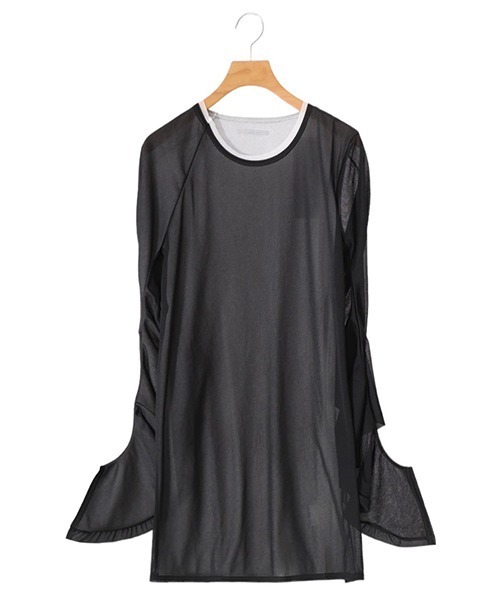 tシャツ 77circa / ナナナナサーカ：asymmetry deformation sleeve tulle doubleface top：cc