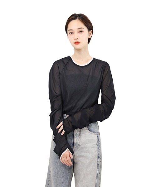tシャツ 77circa / ナナナナサーカ：asymmetry deformation sleeve tulle doubleface top：cc 77circa tシャツ / ナナナナサーカ：asymmetry deformation