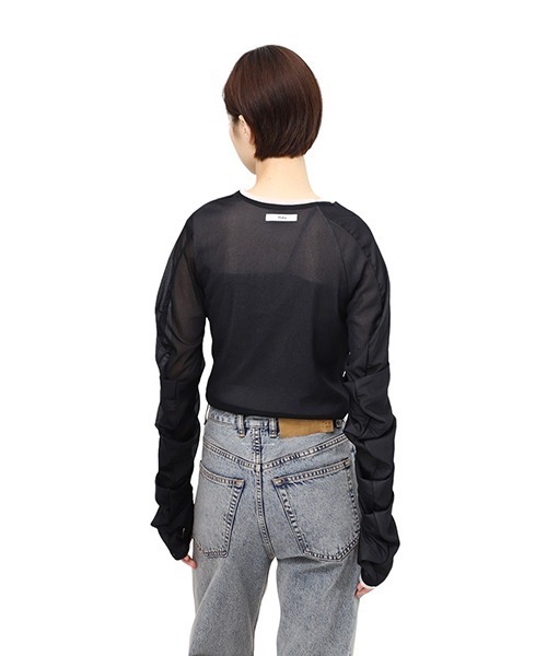 tシャツ 77circa / ナナナナサーカ：asymmetry deformation sleeve tulle doubleface top：cc 77circa tシャツ / ナナナナサーカ：asymmetry deformation