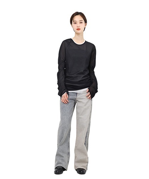 tシャツ 77circa / ナナナナサーカ：asymmetry deformation sleeve tulle doubleface top：cc 77circa tシャツ / ナナナナサーカ：asymmetry deformation