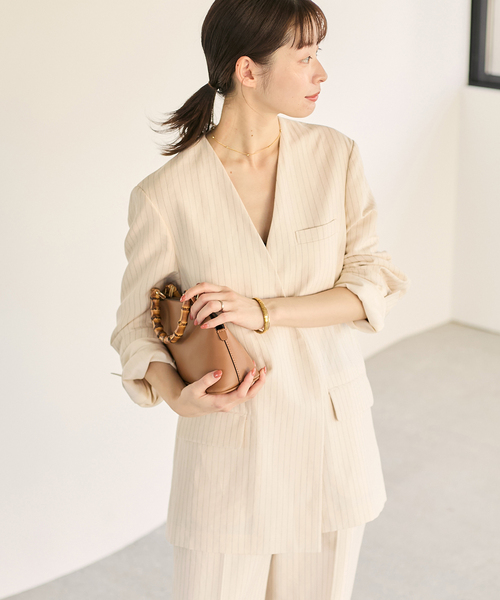 【新品タグ付き】Plage シェイプノーカラージャケット 38　ナチュラル plage ジャケット ノーカラージャケット STRIPE SUMMER