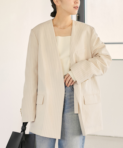 【未使用に近い】STRIPE SUMMER ジャケット　plage STRIPE SUMMER ジャケット（ノーカラージャケット）｜Plage