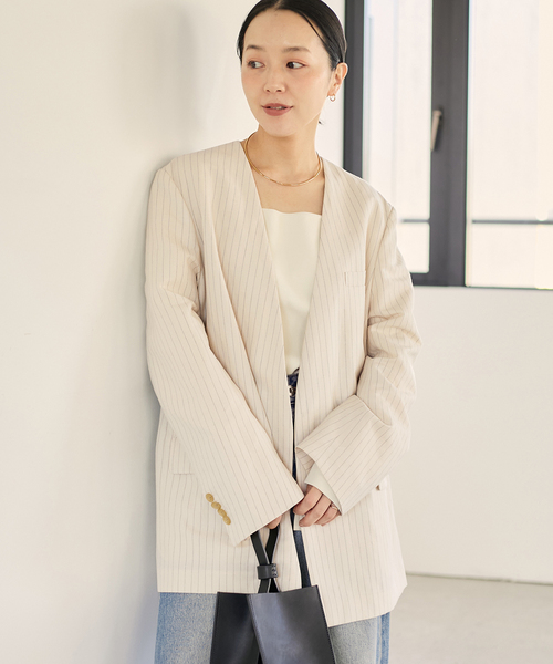 【新品タグ付き】Plage シェイプノーカラージャケット 38　ナチュラル plage ジャケット ノーカラージャケット STRIPE SUMMER