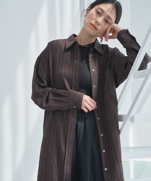 ブラウス シャツ シアーランダムストライプロングシャツ-手洗い可- レディース
