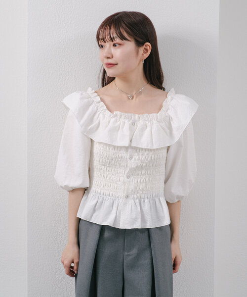 kastane シャーリングオフショルブラウス　ベージュ 無地&チェック/2WAY/4色展開】シャーリングオフショルブラウス