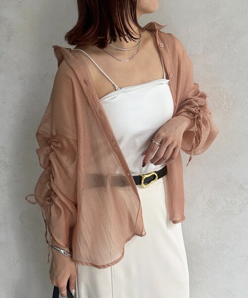 ブラウス シャツ ラメワッシャー袖シャーリングシアーシャツ レディース