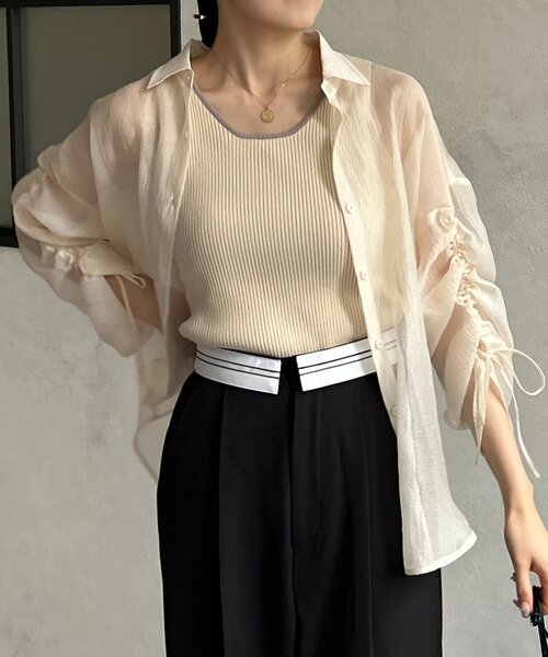 ブラウス シャツ ラメワッシャー袖シャーリングシアーシャツ レディース Thevon ブラウス シャツ ラメワッシャー袖シャーリングシアー
