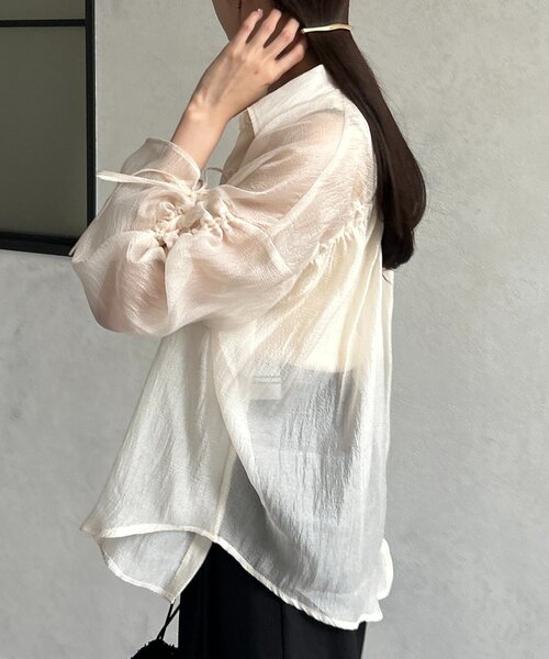 ブラウス シャツ ラメワッシャー袖シャーリングシアーシャツ レディース Thevon ブラウス シャツ ラメワッシャー袖シャーリングシアー