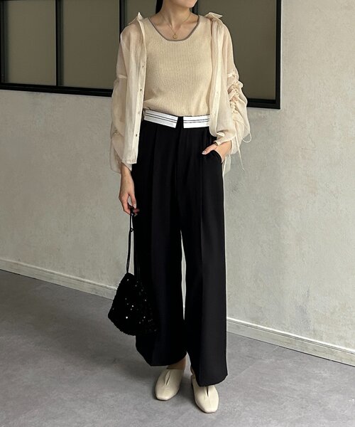 Thevon ブラウス シャツ ラメワッシャー袖シャーリングシアー