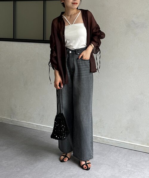 ブラウス シャツ ラメワッシャー袖シャーリングシアーシャツ レディース Thevon ブラウス シャツ ラメワッシャー袖シャーリングシアー