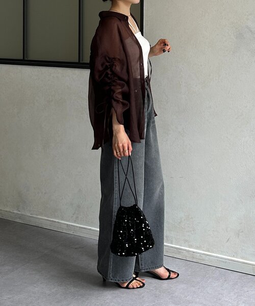 ブラウス シャツ ラメワッシャー袖シャーリングシアーシャツ レディース Thevon ブラウス シャツ ラメワッシャー袖シャーリングシアー