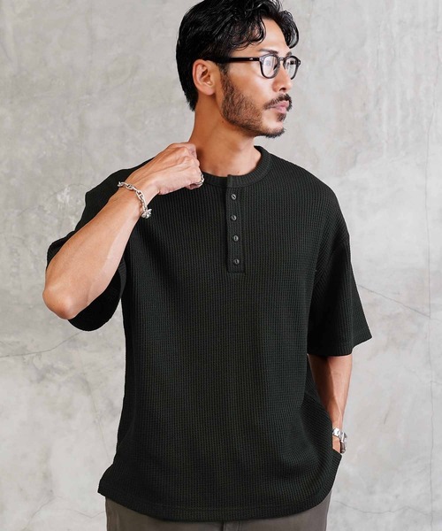 JIGGYS SHOP tシャツ ワッフルサーマル ヘンリーネック 半袖T