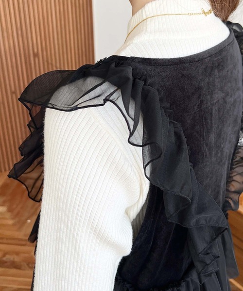 moment+ ベスト ジレ カットベロアチュールフリルフロントリボンベスト