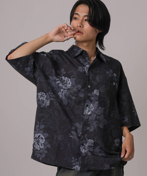 黒のシンプルな半袖シャツ シャツ 「93-1」無地＆総柄 オーバーサイズ ドレープ 半袖シャツ
