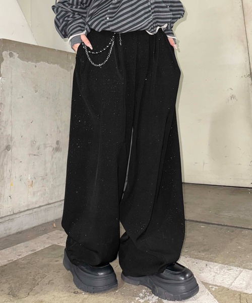 sahara グリッターヴェロアストレッチパンツ ブラック スラックス グリッター加工スラックス メンズ レディース : ZOZOTOWN