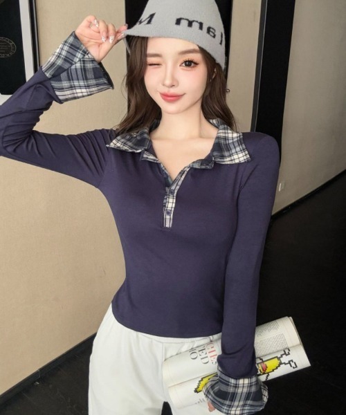 gossip!ロサンゼルス tシャツ Y2K チェック柄切替襟付きポロネック長袖