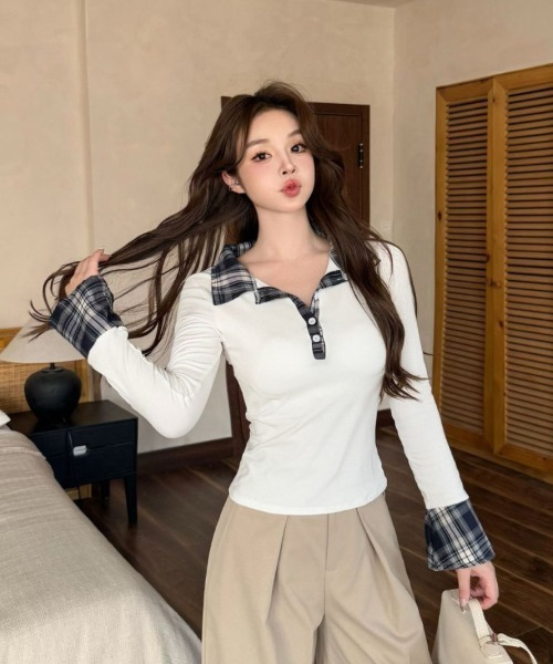Y's ワイズ 美品 グレンチェック ラウンドネック カットソー 2 gossip!ロサンゼルス tシャツ Y2K チェック柄切替襟付きポロネック長袖