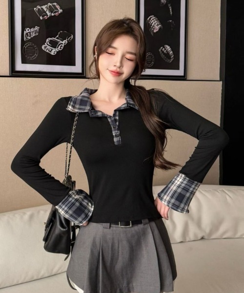 Y's ワイズ 美品 グレンチェック ラウンドネック カットソー 2 gossip!ロサンゼルス tシャツ Y2K チェック柄切替襟付きポロネック長袖