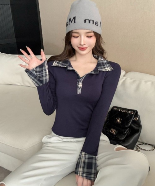 gossip!ロサンゼルス tシャツ Y2K チェック柄切替襟付きポロネック長袖
