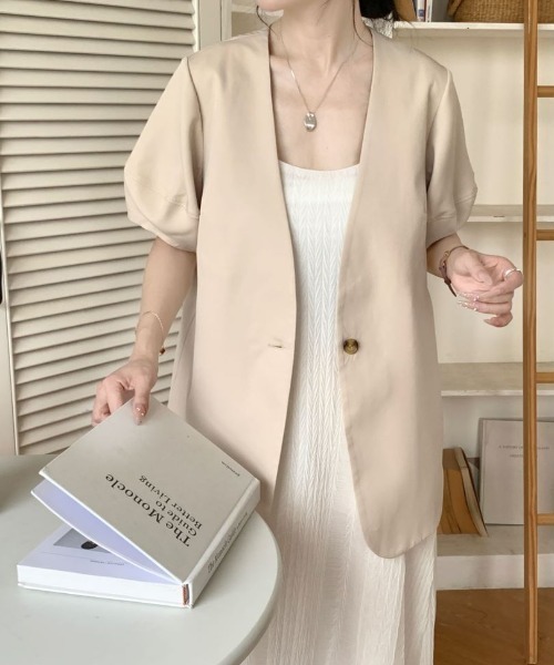 「emi+」 「zociya」ノーカラージャケット X-LARGE ベージュ レディース_画像5