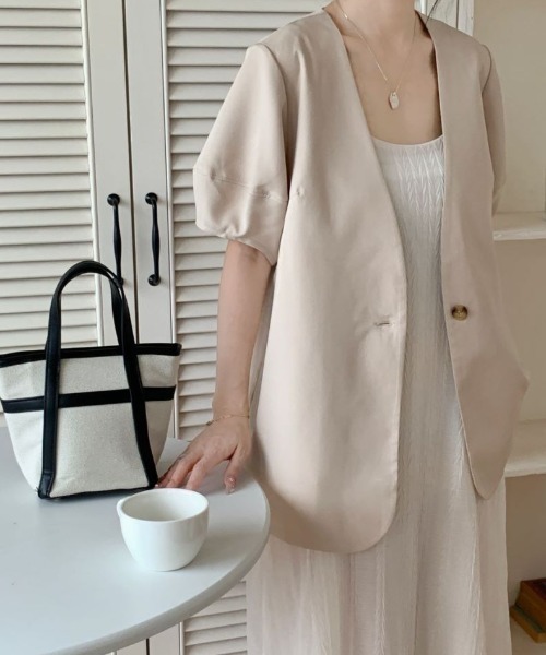 「emi+」 「zociya」ノーカラージャケット X-LARGE ベージュ レディース_画像8