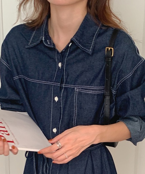 DAY CLOSET ワンピース レディース 長袖デニムシャツワンピース+腰紐 2