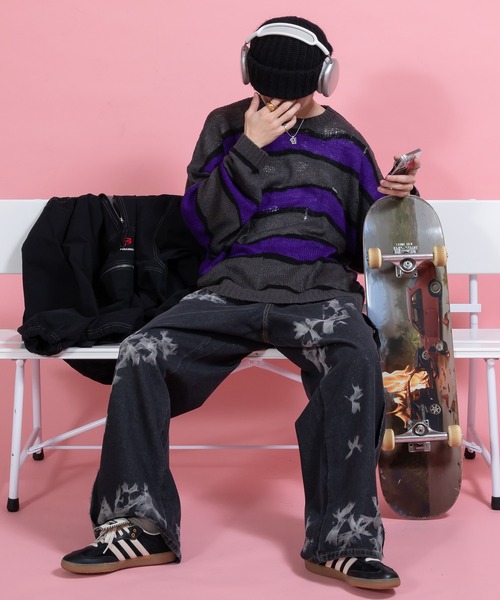 タグ付き GIANNI VERSACE 立体 3D ボーダー ニット 黒 / 紫 Perushu セーター ニット ダメージルーズボーダーニット メンズ