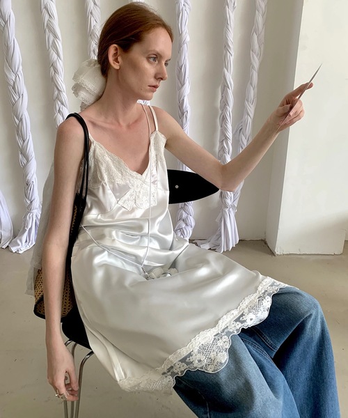 キャミソール ワンピース ロング レース ホワイト ペイズリー She's Closet ワンピース コード刺繍レースシアーロングキャミ