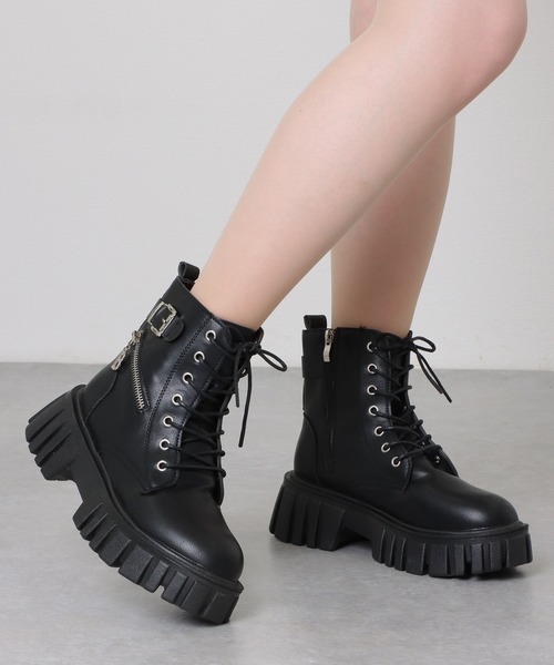 レースアップ レザーブーツ ブラック サイドジップ 37 使用感あり Lace Ladies（レースレディース） ブーツ サイド ジップ 厚底 レース