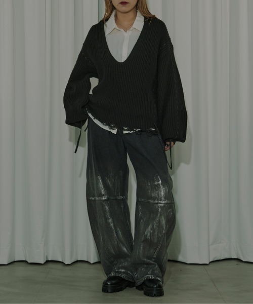 ニット セーター Cord stitch キーネックニット レディース ur's ニット セーター ウエストシェイプキーネックニット