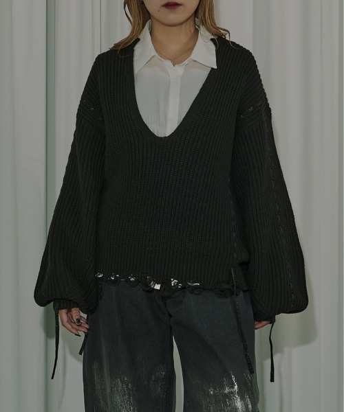 ニット セーター Cord stitch キーネックニット レディース ur's ニット セーター ウエストシェイプキーネックニット