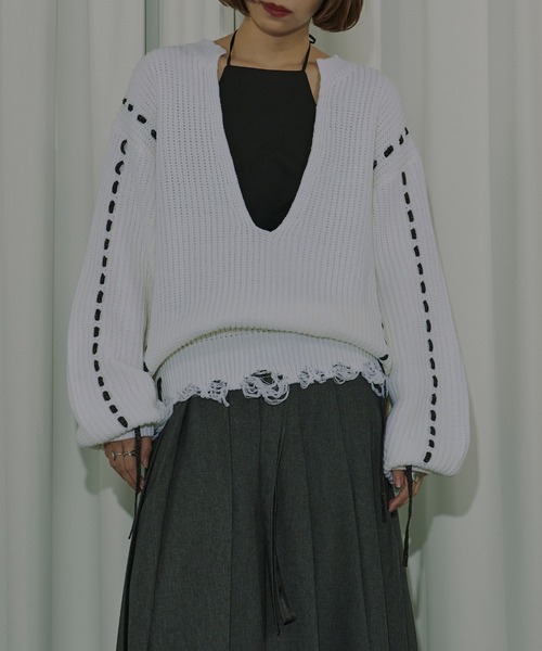 ニット セーター Cord stitch キーネックニット レディース Ezick ニット セーター Cord stitch キーネックニット