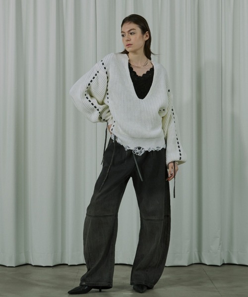 ニット セーター Cord stitch キーネックニット レディース Ezick ニット セーター Cord stitch キーネックニット