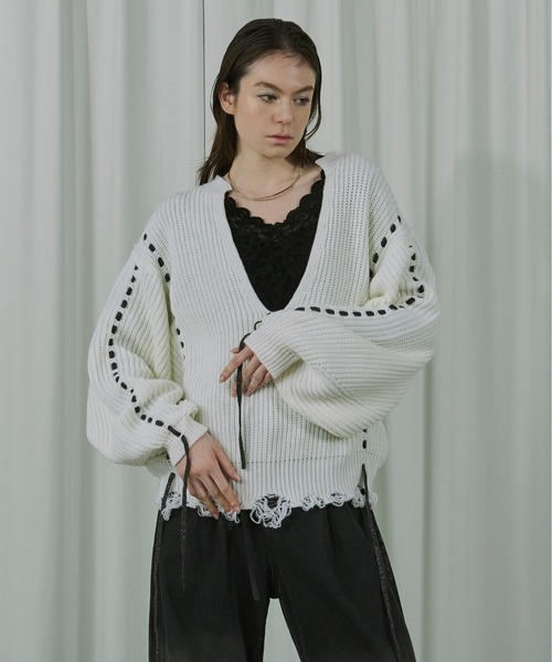 Ezick ニット セーター Cord stitch キーネックニット レディース